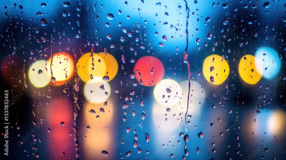 Colorful Reflections of Lights on a Rainy Window Pane at Night Colorful Reflections of Lights on a Rainy Window Pane at Night