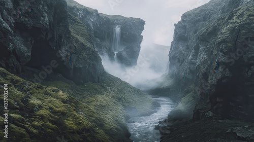 Misty canyon waterfall, Iceland, river, travel poster