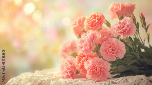 Vibrant bouquet of pink carnations and roses on lace, radiating warmth and heartfelt emotion.
