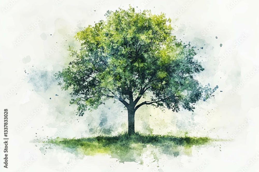 An artistic watercolor depiction of a lush green leafy tree An artistic watercolor depiction of a lush green leafy tree