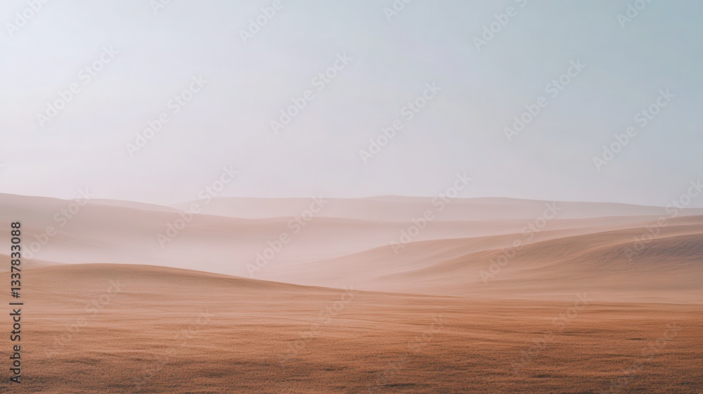 Fototapeta premium Misty desert dawn landscape, rolling hills, serene