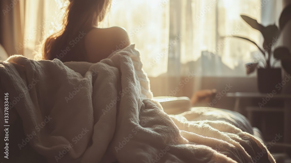 A person wrapped in a fluffy robe, looking out the window peacefully A person wrapped in a fluffy robe, looking out the window peacefully