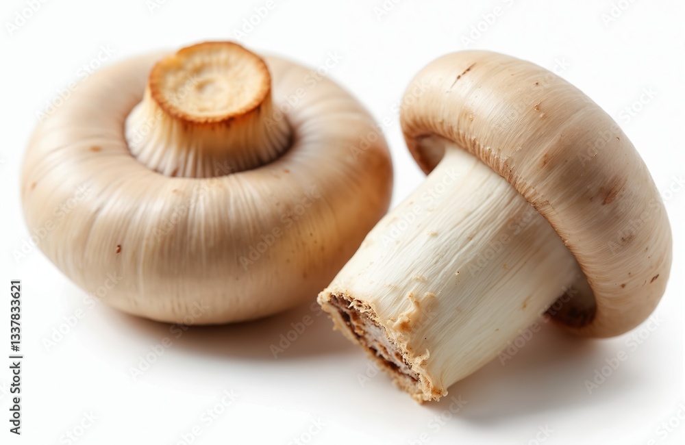 Close-up of two cremini mushrooms cut out on transparent background. Fungi ingredient for vegan cookery. Healthy edible mushroom source of protein and alternative to meat in vegetarian diet. Close-up of two cremini mushrooms cut out on transparent background. Fungi ingredient for vegan cookery. Healthy edible mushroom source of protein and alternative to meat in vegetarian diet.