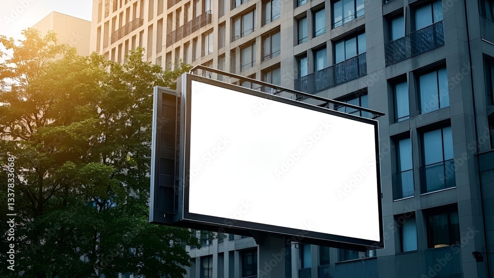 Blank white outdoor billboard with building, tree and sunlight background Blank white outdoor billboard with building, tree and sunlight background