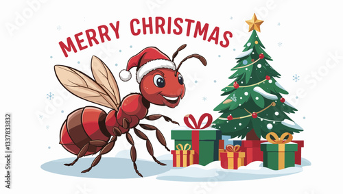 A cheerful cartoon ant wearing a Santa hat stands beside a decorated Christmas tree with presents, wishing everyone a Merry Christmas.