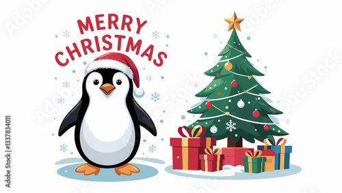 A cheerful penguin wearing a Santa hat stands next to a Christmas tree adorned with gifts, embodying the festive holiday spirit.