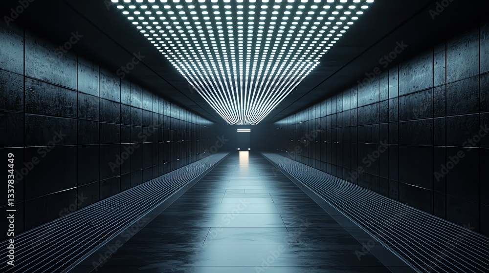 Illuminated Dark Corridor with Modern Lighting and Reflective Floor Illuminated Dark Corridor with Modern Lighting and Reflective Floor