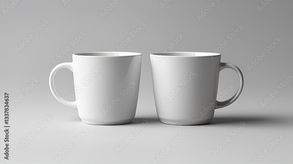 front view of two white mugs isolated on light grey background, front view of two white mugs isolated on light grey background,