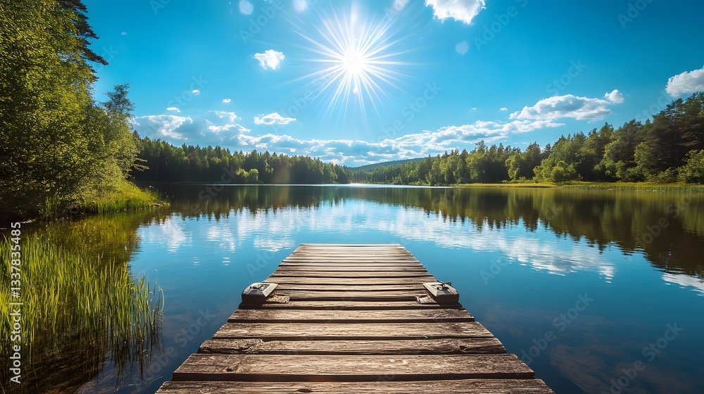 Serene Lakeside Summer Day: Wooden Dock Extending to Tranquil Waters Reflected Under a Bright Sun Serene Lakeside Summer Day: Wooden Dock Extending to Tranquil Waters Reflected Under a Bright Sun