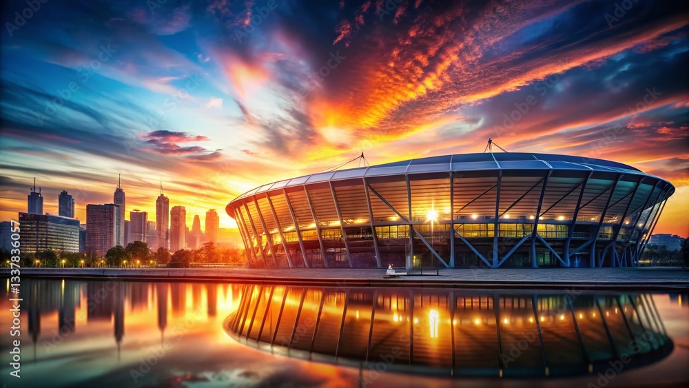 Obraz premium Silhouette of Modern Sports Stadium Against City Skyline at Dusk