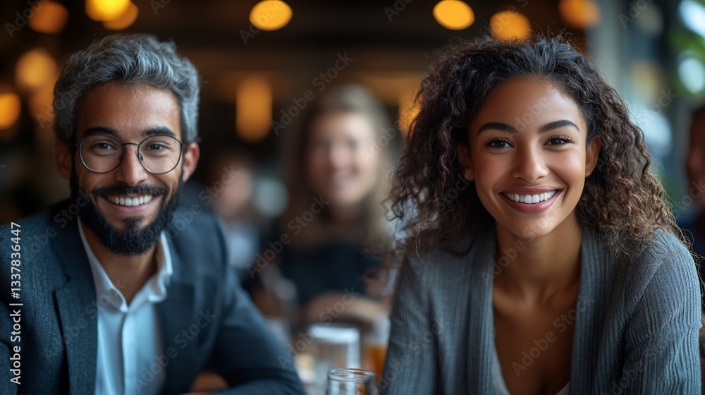 Happy diverse couple smiling at camera in restaurant. Happy diverse couple smiling at camera in restaurant.