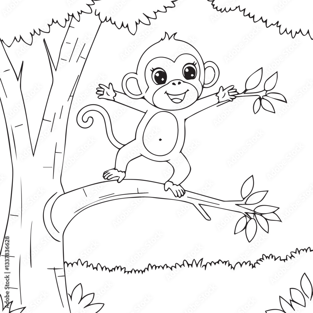 Fototapeta premium Monkey playing on tree in forest illustration coloring book