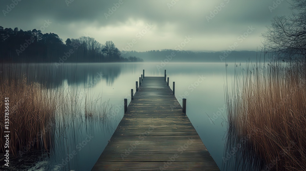 Naklejka premium Misty lake pier, calm autumn morning, tranquil scene