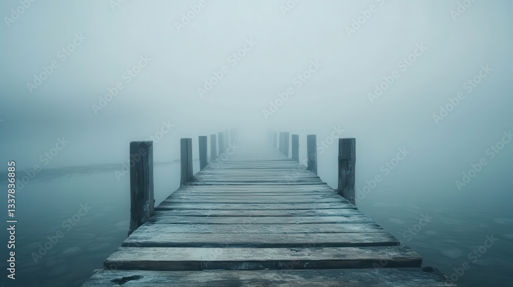 Obraz premium Misty lake pier, fog, water, wood, serenity, travel, peace
