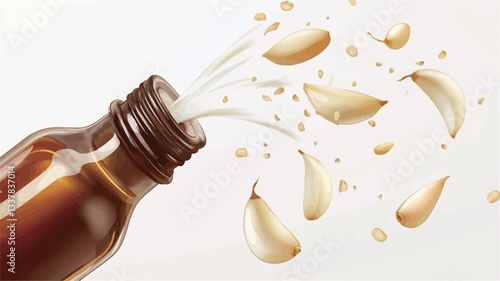 Close-up studio shot of a brown bottle of garlic extract against a bright white background.  A stream of liquid is splashing out from the bottle's opening, accompanied by several garlic cloves