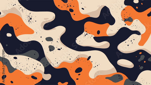 The image showcases an abstract pattern composed of organic, flowing shapes in shades of orange, beige, and dark blue.  The forms resemble liquid or paint, with irregular edges and varying degrees