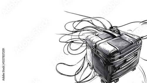 A grayscale image depicting a cubic object, possibly a case or box, seemingly overwhelmed by a chaotic mass of intertwined wires or cables. The object is rendered in a detailed, slightly textured
