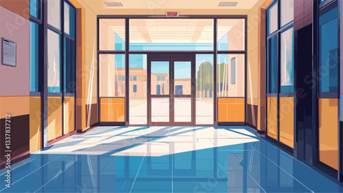 The image shows a digitally rendered interior view of a hallway. The hallway features a large set of glass double doors leading to an outdoor area with greenery visible through the glass. The walls