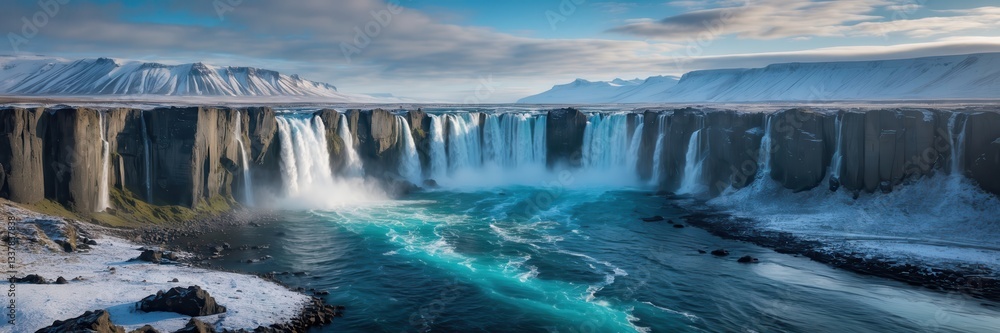 Powerful Waterfall Cascading Through a Rocky Landscape with Distant Snow-Capped Mountain Vista Powerful Waterfall Cascading Through a Rocky Landscape with Distant Snow-Capped Mountain Vista