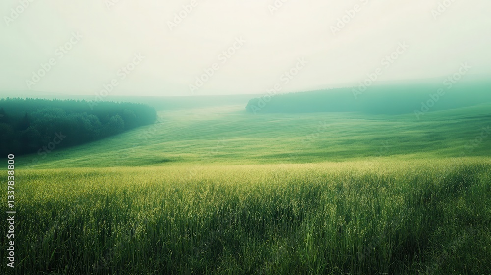 Fototapeta premium Misty morning field, rolling hills, forest backdrop, nature calm