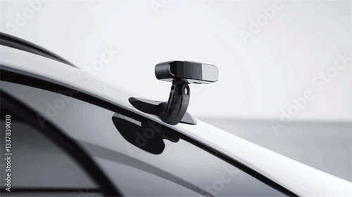 Close-up view of a black, square-shaped camera system mounted on the roof of a white vehicle. The camera is attached to a black bracket with visible mounting points. The image is sharply focused,