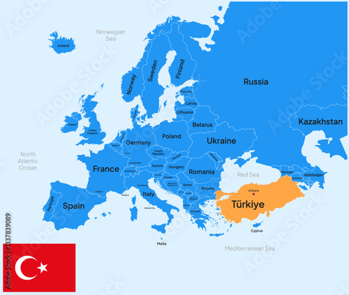 Map of Turkey Turkiye, Europe, with country name, capital, border, and flag