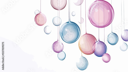 The image shows numerous transparent spheres of varying sizes suspended against a white background. The spheres are pastel-colored, predominantly in shades of pink, purple, and blue, with some