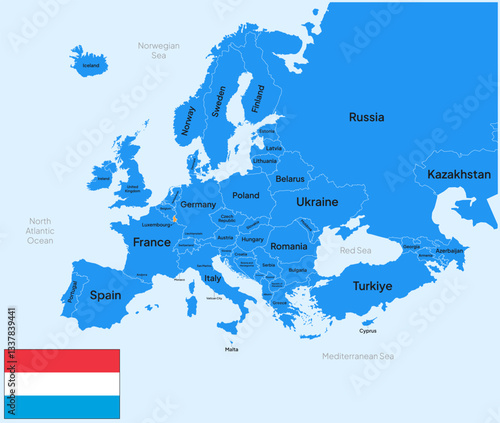 Map of Luxembourg, Europe, with country name, capital, border, and flag