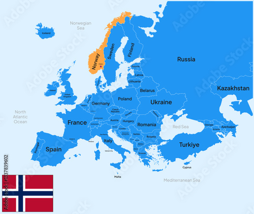 Map of Norway, Europe, with country name, capital, border, and flag