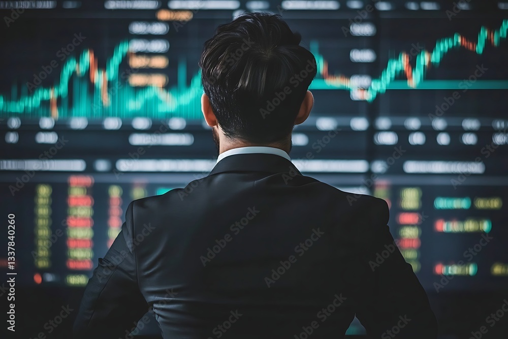 Analyzing Stock Market Data Trader Reviewing Financial Charts Back View Analyzing Stock Market Data Trader Reviewing Financial Charts Back View