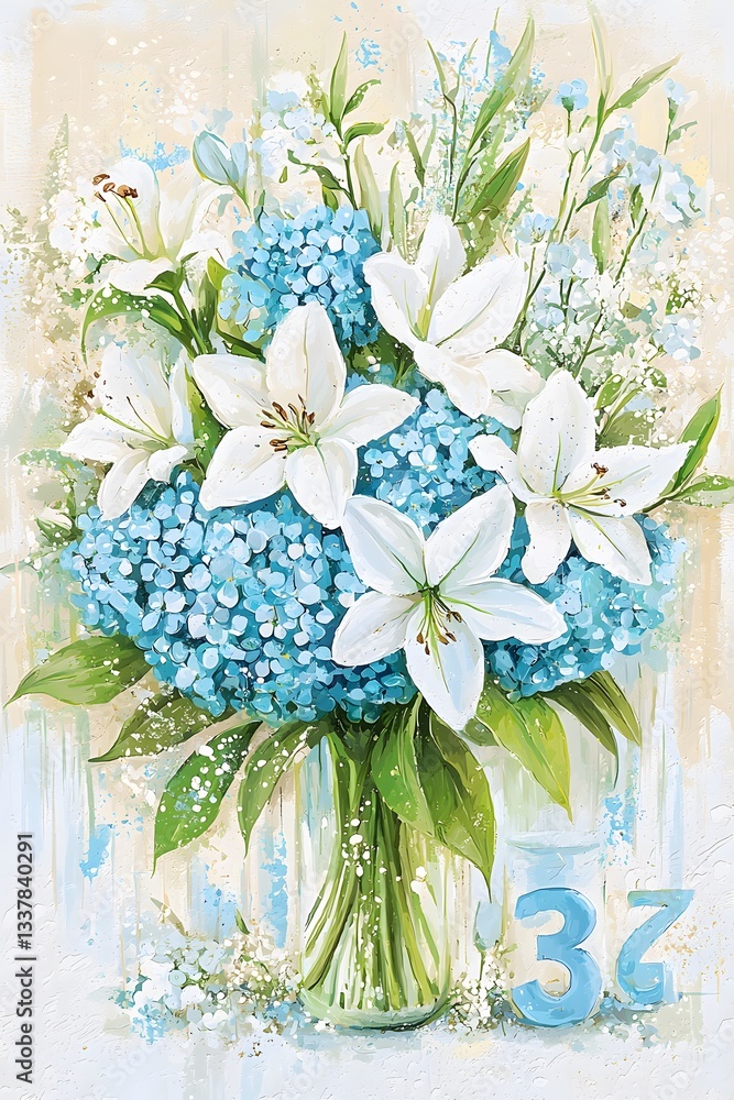 Obraz premium Stunning Bouquet of White Lilies and Blue Hydrangeas in Glass Vase Floral Art