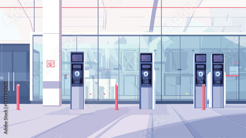 The image shows four sleek, upright electric vehicle charging stations situated in a modern building's parking area. The stations have digital displays and are positioned in a row against a large