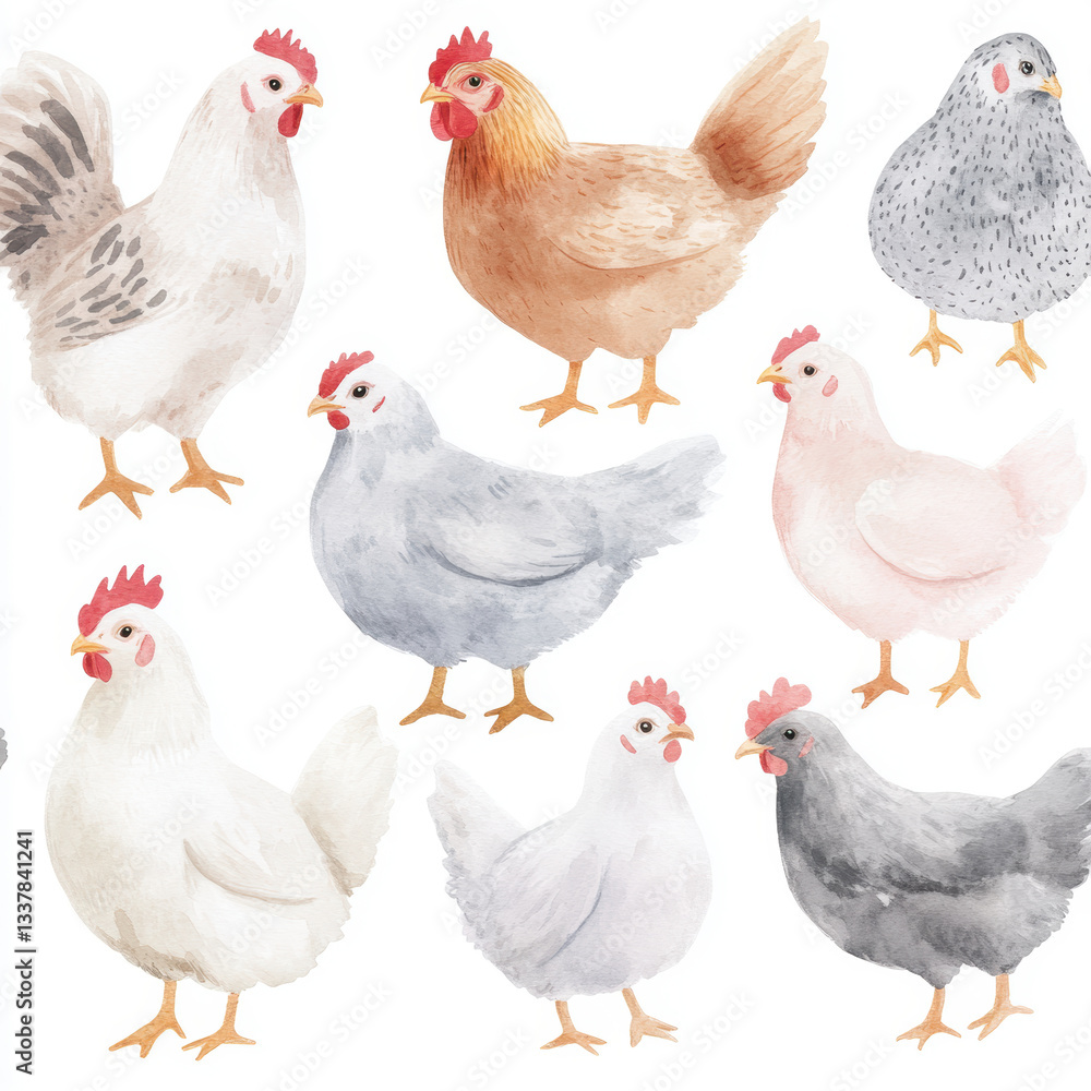 Fototapeta premium Colorful variety of chickens in watercolor painting