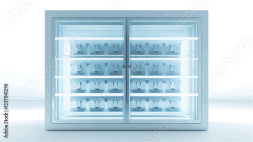 A front view of a square, white, double-doored refrigerated display cabinet.  The cabinet is illuminated from within with a cool blue light, showcasing numerous rows of identical, opaque bottles on