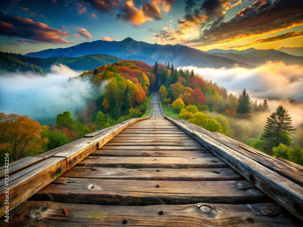 Fototapeta premium Smoky Mountains Old Wooden Bridge Double Exposure - Misty Landscape Stock Photo