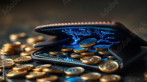 Contemporary Digital Wallet with Virtual Coins and Futuristic Design