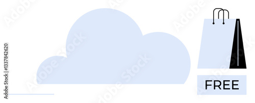 Cloud shape with shopping bag and free text symbolizing online storage, file sharing, or digital services. Ideal for technology, e-commerce, SaaS, online access, subscriptions, marketing downloads