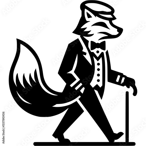 Fox gentleman in cap with cane in his hand walks with confident gait in monochrome. Engraving minimalistic vector in black ink drawing on transparent background
