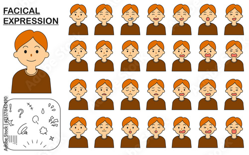 喜ぶ、怒る、悲しむ、驚く、笑う、楽しい、困惑する、困る、落ち込む、焦る、慌てる、がっかりする、茶色の服の男性の顔、表情のセット