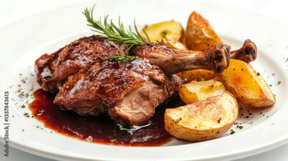Succulent roasted meat served with golden potatoes and a hint of rosemary. A delightful meal for any occasion. Perfect for food lovers. Generative AI. Succulent roasted meat served with golden potatoes and a hint of rosemary. A delightful meal for any occasion. Perfect for food lovers. Generative AI.