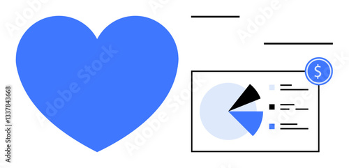 Blue heart and pie chart with dollar sign emphasize financial transparency, charitable giving, and analytics. Ideal for finance, charity, analytics, healthcare, marketing economy business. Minimal