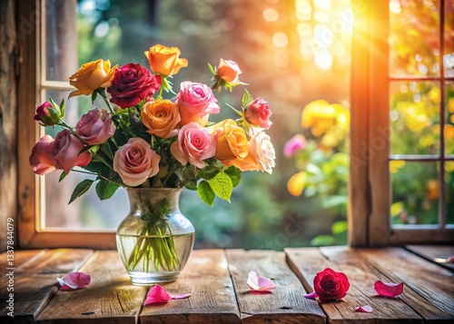 Soft Morning Light on Roses: Panoramic Window View Stock Photo