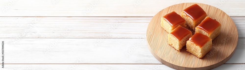A tempting dessert plate featuring four golden squares of caramel flan on a wooden board against a light wooden background. A tempting dessert plate featuring four golden squares of caramel flan on a wooden board against a light wooden background.