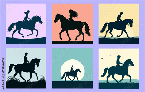 collection person riding a horse silhouette poster design