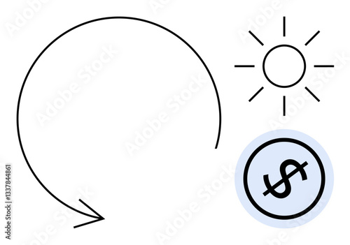 Large circular arrow, sun symbol, and dollar coin suggest sustainability, renewable energy, economic return. Ideal for sustainability, investment, energy, environment economy strategy business