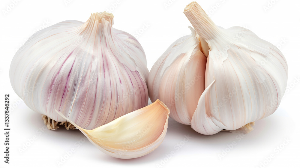 Obraz premium Two garlic cloves, one whole and one cut in half, are displayed on a white background. Concept of freshness and naturalness, as garlic is a common ingredient in many dishes