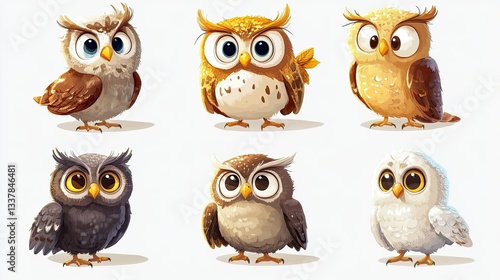 Wallpaper Mural Six cute cartoon owls in playful poses, perfect for children storybooks Torontodigital.ca