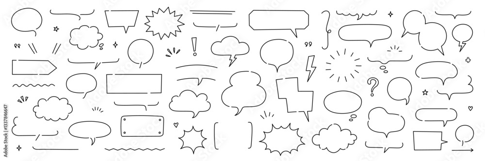 Fototapeta premium Line frame text speech bubble set. Line balloon frame design talk speech bubble frame. Comic japan style design background text dialog balloon, simple doodle cloud, box border. Vector illustration