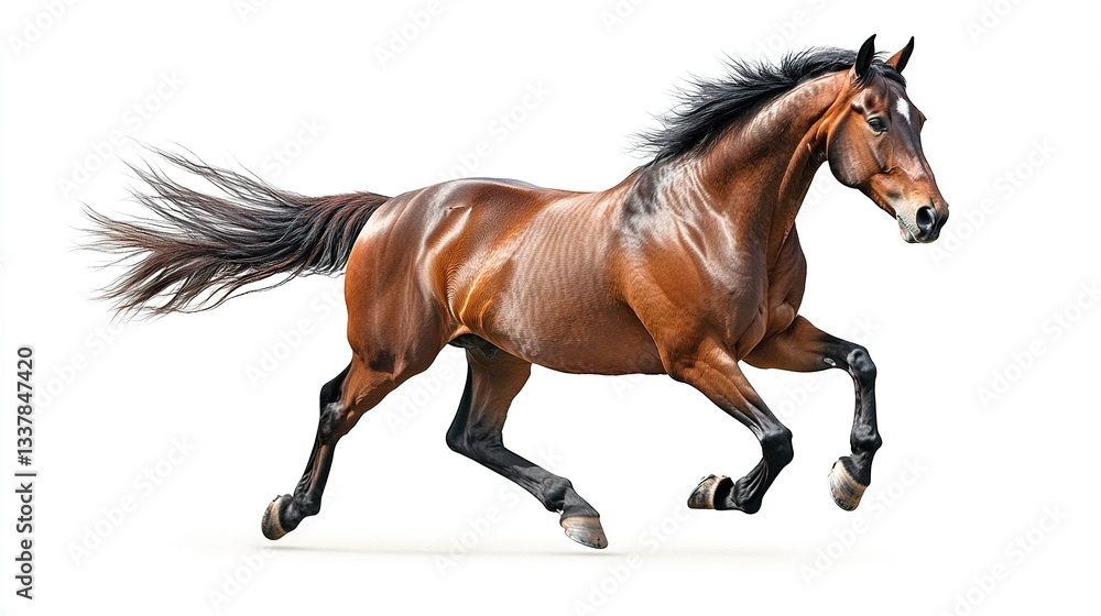 A bay horse in full stride, its muscles rippling and tail streaming behind, dynamically framed against a crisp white background, ultra-sharp telephoto shot. A bay horse in full stride, its muscles rippling and tail streaming behind, dynamically framed against a crisp white background, ultra-sharp telephoto shot.