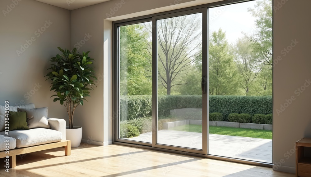 Fototapeta premium Modern living room with large sliding glass doors, aluminium frame. View of garden, natural light. Interior design sofa, plant, wooden floor. Home, apartment, residential building, nature concept.